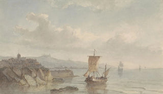 Christiaan Lodewijk Willem Dreibholtz - Kustlandschap met haven en schepen op het water.webp