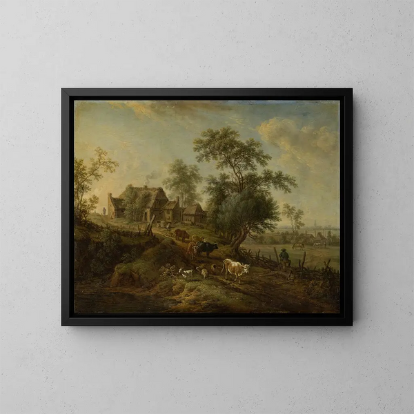 Landschaft mit Bauernhoftieren auf einer Straße - Christian Georg Schütz der Ältere — gerahmtes Bild an der Wand