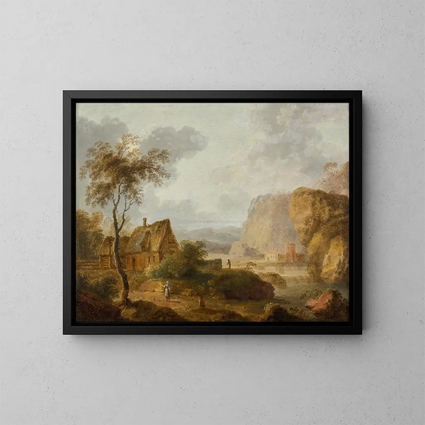 Landschaft mit Berg, Fluss und Bauernhof - Christian Hilfgott Brand — gerahmtes Bild an der Wand