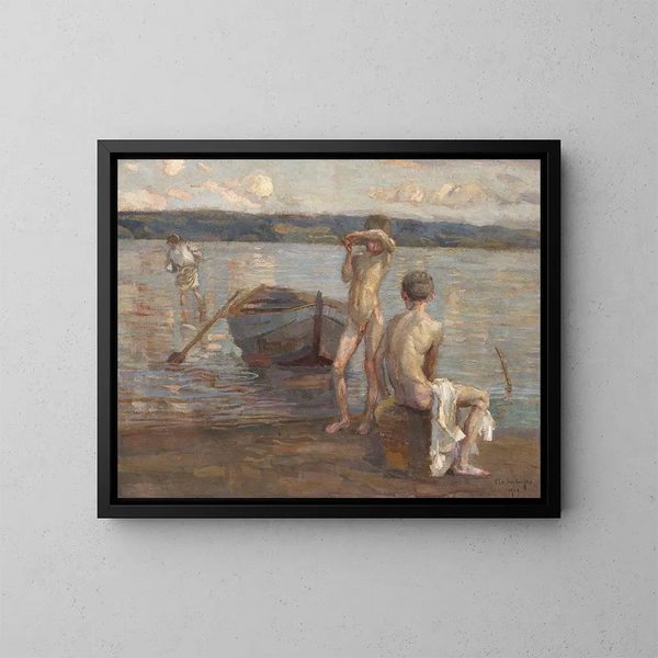 Jungen, die am Seeufer schwimmen - Christian Landenberger — gerahmtes Bild an der Wand