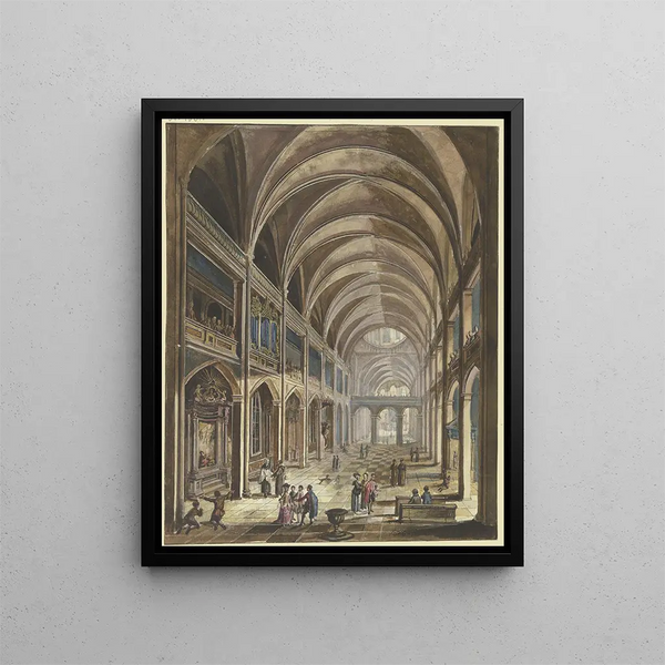 Blick in das Innere einer Kirche mit barockem Mobiliar und zahlreichen Figuren als Personal - Christian Stöcklin — gerahmtes Bild an der Wand