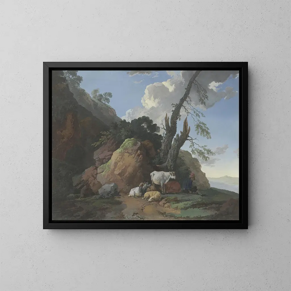 Landschaftsbild mit Hirte, zwei Ziegen, zwei Schafe und einer Ziege - Christian Wilhelm Ernst Dietrich — gerahmtes Bild an der Wand