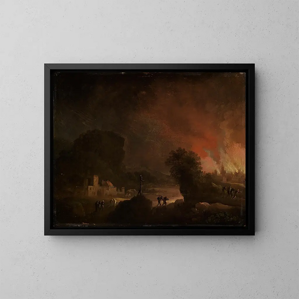 Landschaft bei Nacht mit brennender Stadt - Christian Wilhelm Ernst Dietrich — gerahmtes Bild an der Wand