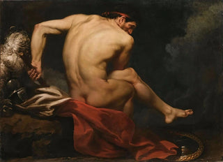 Circle of JeanGermain Drouais - A Naked Warrior Seated On A Rock Beside His Shield And Plumed Helmet.webp