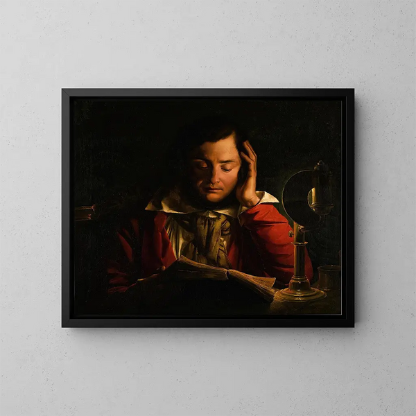 Portrait eines Gelehrten in seinem Studierzimmer - Kreis von Joseph Wright of Derby — gerahmtes Bild an der Wand