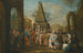 Straßenszene mit Künstlern der Commedia dell'arte und Musikern, die sich um zwei Marionetten versammeln, ein Obelisk im Hintergrund – Kreis von Marco Marcola — Ansicht des Kunstwerks