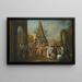 Straßenszene mit Künstlern der Commedia dell'arte und Musikern, die sich um zwei Marionetten versammeln, ein Obelisk im Hintergrund – Kreis von Marco Marcola — gerahmtes Bild an der Wand