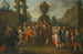 Straßenszene mit Künstlern der Commedia dell'arte, die sich um einen Affen versammeln, eine Urne im Hintergrund - Kreis von Marco Marcola — Ansicht des Kunstwerks