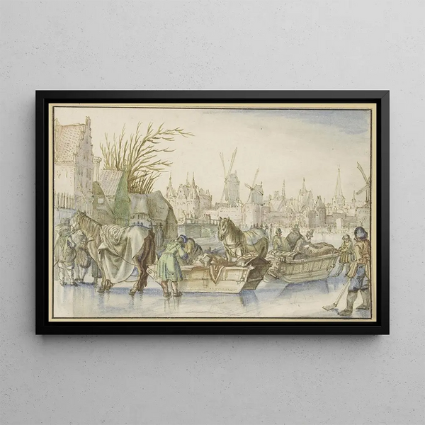 Claes Janszoon Visscher I - Winterlandschaft im Vordergrund zwei mit Pferden bespannte Schlitten.webp