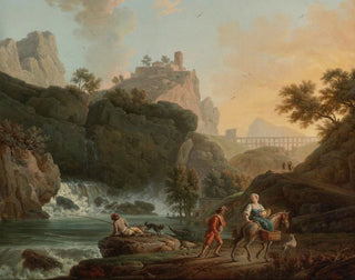 ClaudeJoseph Vernet - A Rocky Landscape With A fisherman And Travellers By A River With A Waterfall An Aqueduct In The Distance.webp