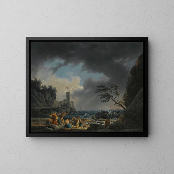 Eine stürmische Küstenszene mit Figuren an einem Strand, die einem Schiffsunglück entkommen sind - Claude-Joseph Vernet — gerahmtes Bild an der Wand