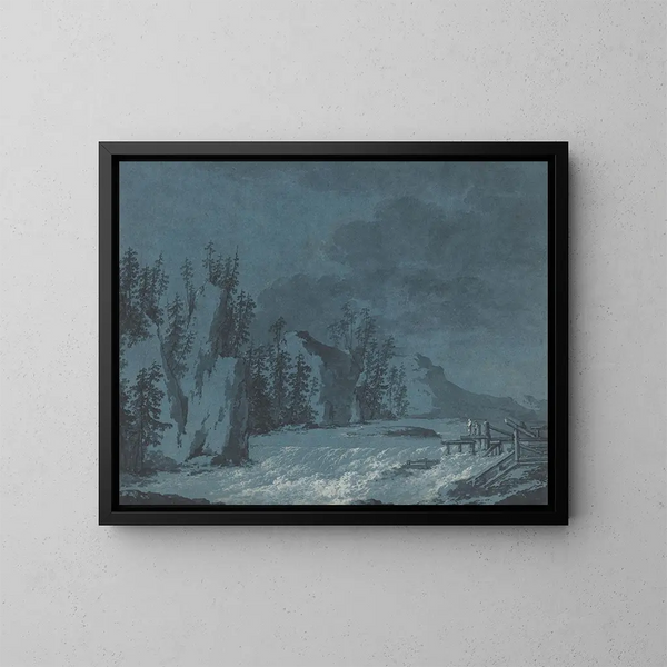 Schnelle Flussansichten bei bewaldeten Klippen - Claude-Louis Châtelet — gerahmtes Bild an der Wand