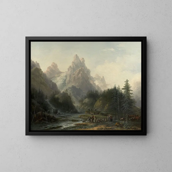 Ansicht des Wellhorns und des Wetterhorns aufgenommen von Rosenlaui in Richtung Meiringen im Berner Oberland - Claude-Louis Châtelet — gerahmtes Bild an der Wand
