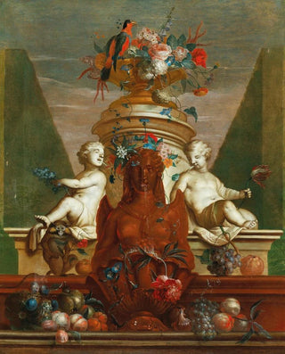 Coenraet Roepel - An elaborate fountain with fruit flowers and a parrot.webp