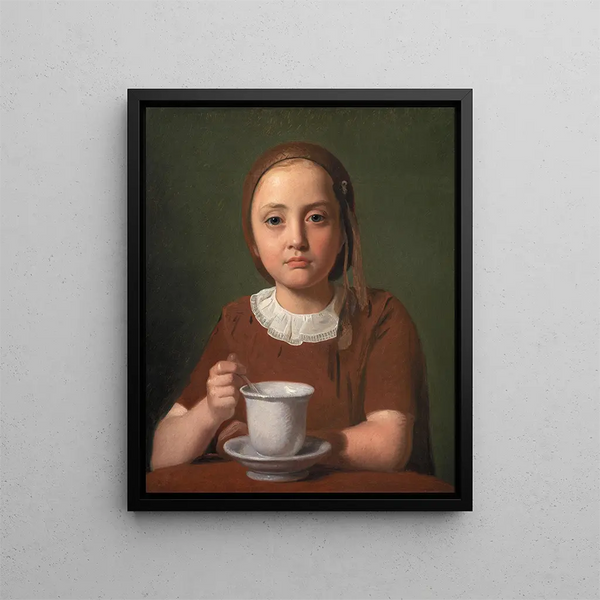 Portrait einer kleinen Mädchen Elise Købke mit einer Tasse vor ihr - Constantin Hansen — gerahmtes Bild an der Wand