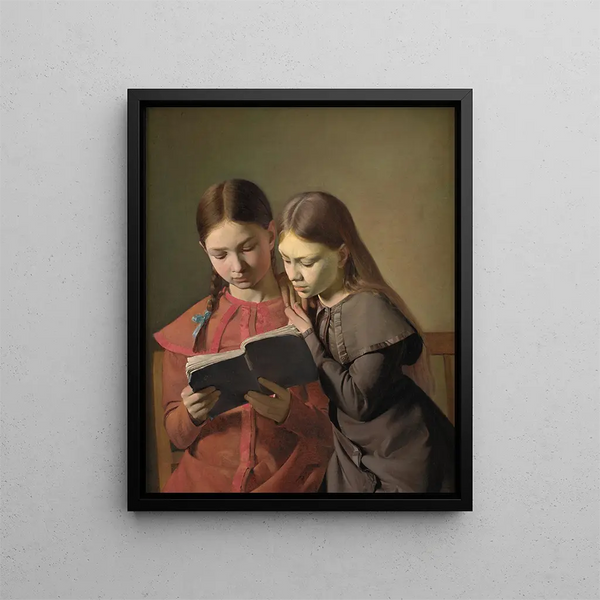 Die Künstlerinnen Schwestern Signe und Henriette beim Lesen eines Buches - Constantin Hansen — gerahmtes Bild an der Wand
