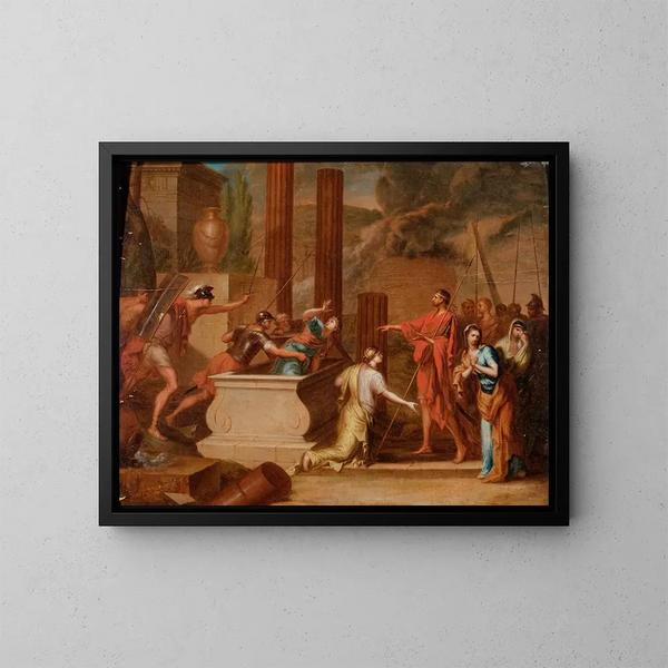 Mythologische Szene eines Grabes in einer Landschaft mit klassischen Ruinen - Kontinentale Schule — gerahmtes Bild an der Wand