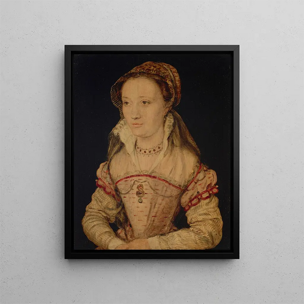 Portrait einer Dame in halblanger Tradition, identifiziert als Marie de Lorraine - Corneille de Lyon — gerahmtes Bild an der Wand