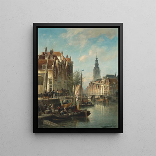 Cornelis Christiaan Dommelshuizen - Figures and ships on an Amsterdam canal with the Zuiderkerk in the background.webp
