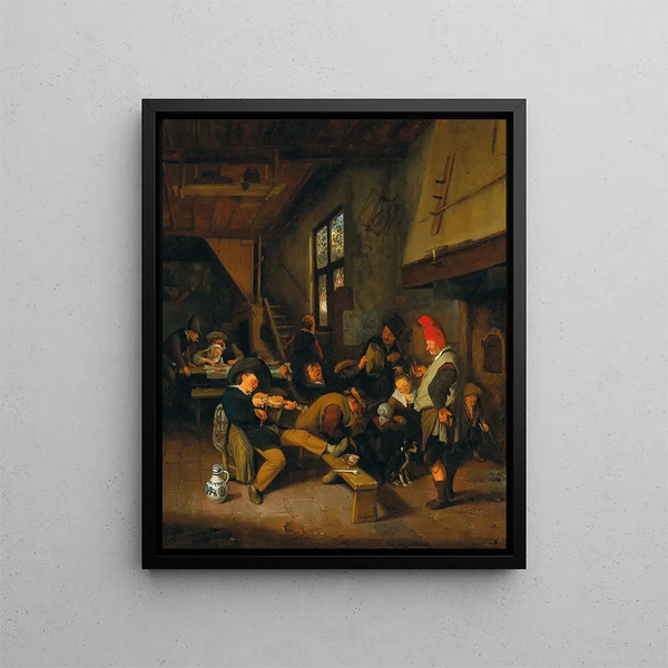 Ein Innenraum einer Taverne mit Bauern, die trinken - Cornelis Dusart — gerahmtes Bild an der Wand