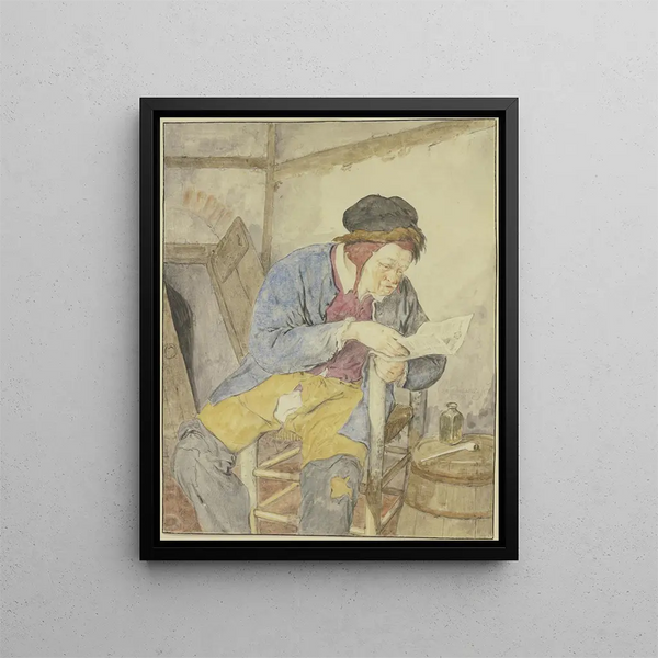 Zeitungsleser an einem Fass - Cornelis Dusart — gerahmtes Bild an der Wand