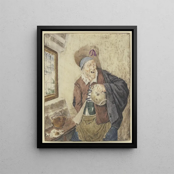 Ein Bauer in Lumpen an einem Fenster mit einer Krug in der Hand - Cornelis Dusart — gerahmtes Bild an der Wand