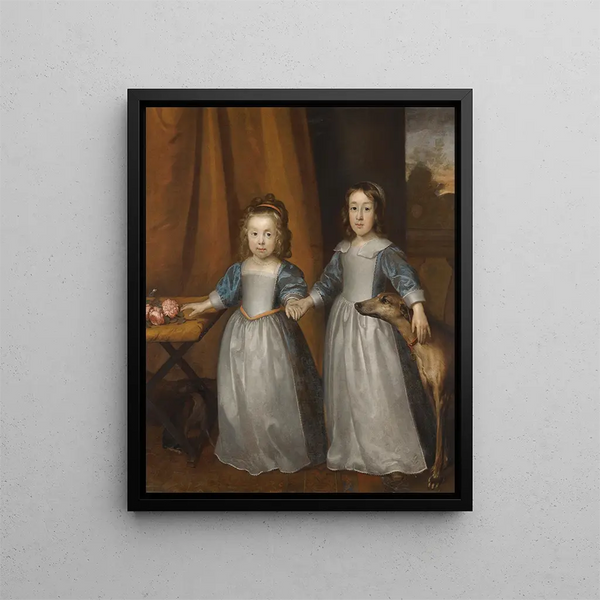 Portrait zweier junger Mädchen auf einer Terrasse mit zwei Hunden Ein Landschaft im Hintergrund - Cornelis Jonson van Ceulen — gerahmtes Bild an der Wand