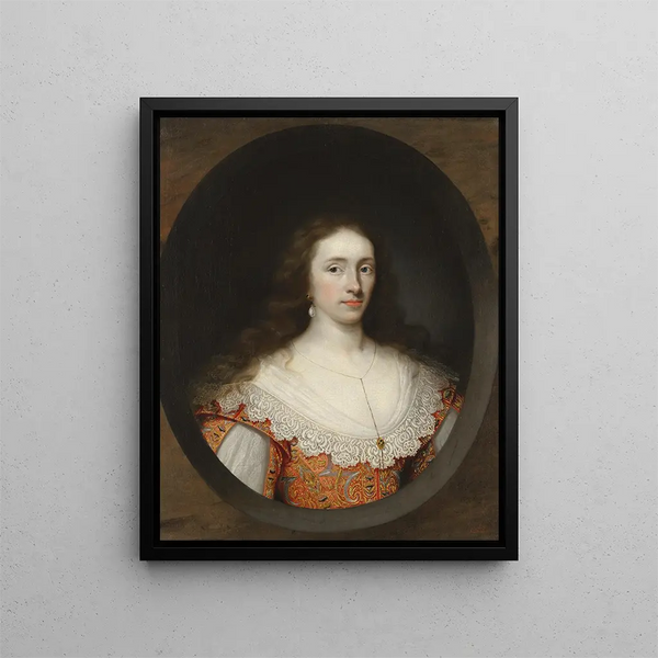 Portrait einer Dame, traditionell als Mary Chetwynd von 1637 identifiziert - Cornelis Jonson van Ceulen — gerahmtes Bild an der Wand