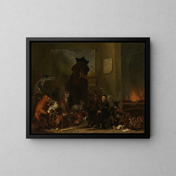 Satire über den Prozess von Johan van Oldenbarneveldt - Cornelis Saftleven — gerahmtes Bild an der Wand