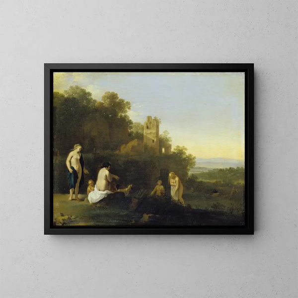 Landschaft mit der Entdeckung der Schwangerschaft von Callisto - Cornelis van Poelenburch — gerahmtes Bild an der Wand