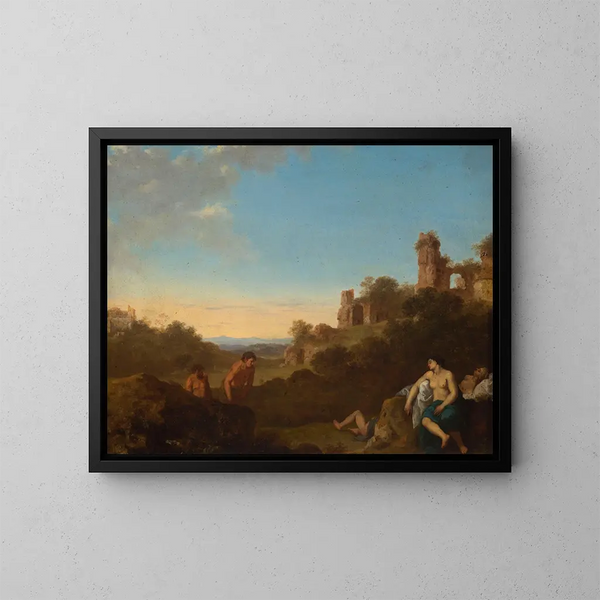 Satyrn und schlafende Nymphen in einer italienischen Landschaft - Cornelis van Poelenburch — gerahmtes Bild an der Wand