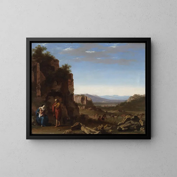 Der Ruhezustand während der Flucht nach Ägypten - Cornelis van Poelenburch — gerahmtes Bild an der Wand