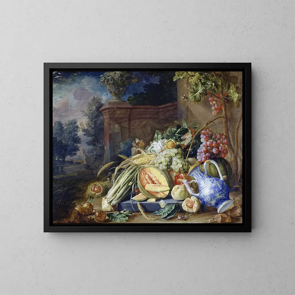 Stillleben mit Gemüse und Früchten vor einem Gartengeländer - Cornelis de Heem — gerahmtes Bild an der Wand