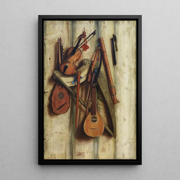 Paravent mit Musikinstrumenten im Trompe-l'œil - Cornelius Norbertus Gijsbrechts — gerahmtes Bild an der Wand