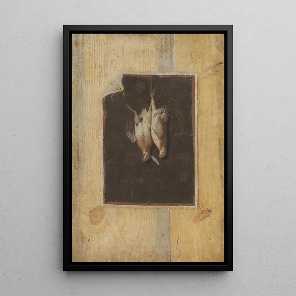 Paravent im Trompe-l'œil mit einem Stillleben von zwei toten Vögeln, die an der Wand hängen - Cornelius Norbertus Gijsbrechts — gerahmtes Bild an der Wand