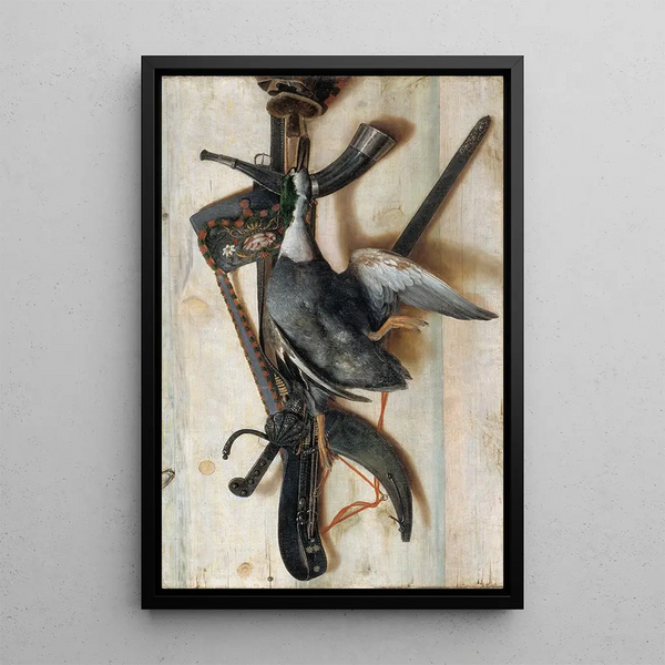 Trompe-l'œil mit totem Enten und Jagdzubehör - Cornelius Norbertus Gijsbrechts — gerahmtes Bild an der Wand