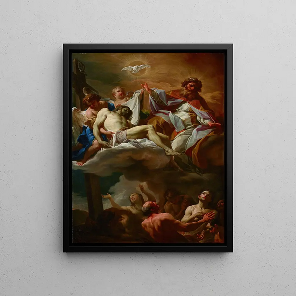 Die Dreifaltigkeit mit den Seelen des Fegefeuers - Corrado Giaquinto — gerahmtes Bild an der Wand