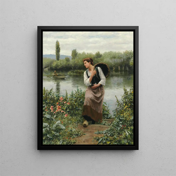 Eine Frau mit einem Korb - Daniel Ridgway Knight — gerahmtes Bild an der Wand