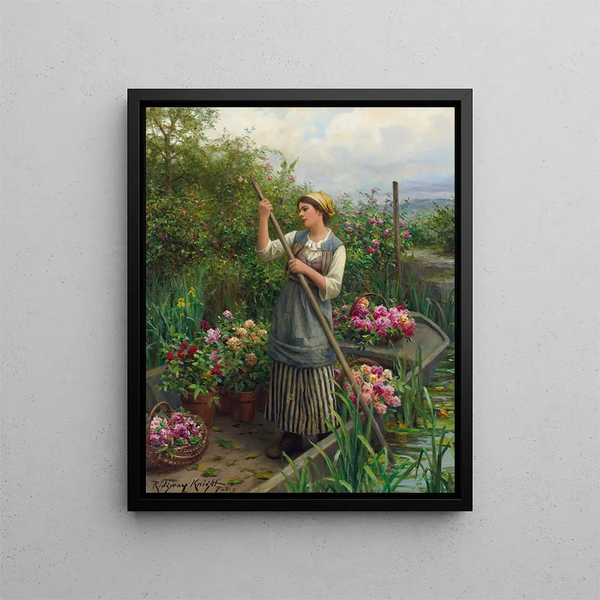Blumenpflücken am Fluss entlang - Daniel Ridgway Knight — gerahmtes Bild an der Wand