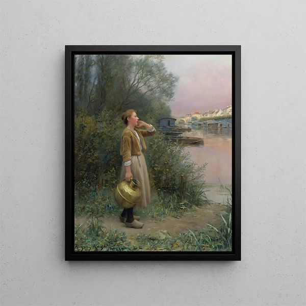Mädchen mit einem Wasserkrug - Daniel Ridgway Knight — gerahmtes Bild an der Wand