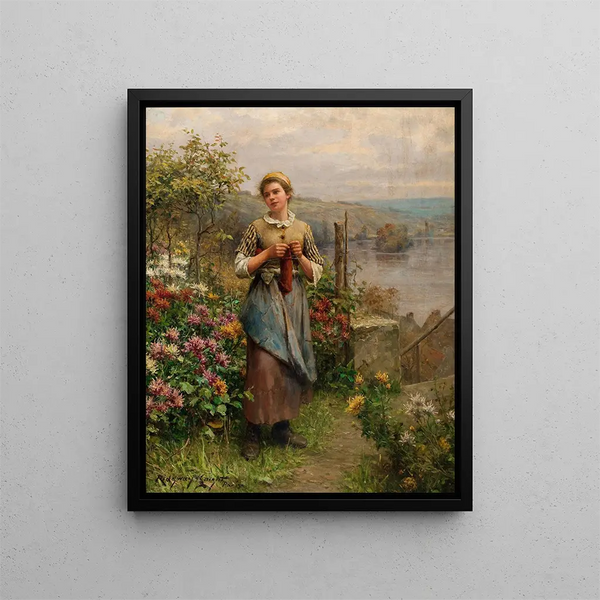 Junge Frau strickend - Daniel Ridgway Knight — gerahmtes Bild an der Wand