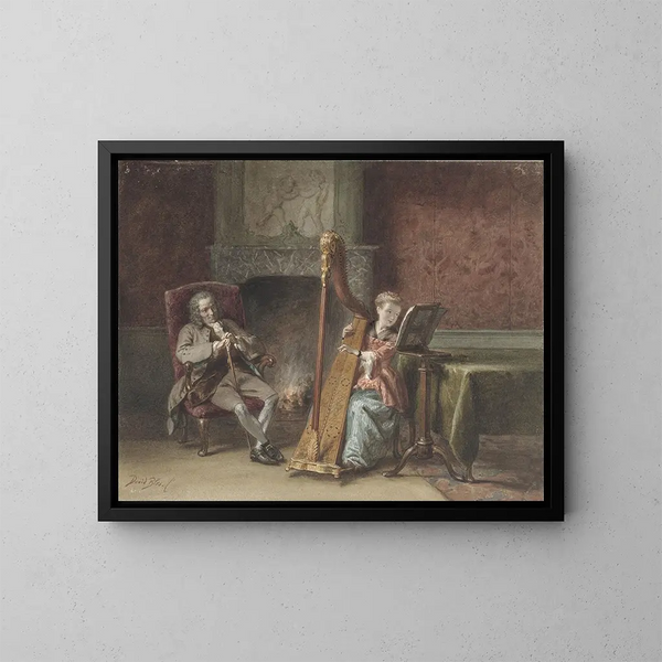 Innen-Gemälde mit einem jungen Mädchen, das Harfe spielt, und einem sitzenden Mann, der zuschaut - David Bles — gerahmtes Bild an der Wand