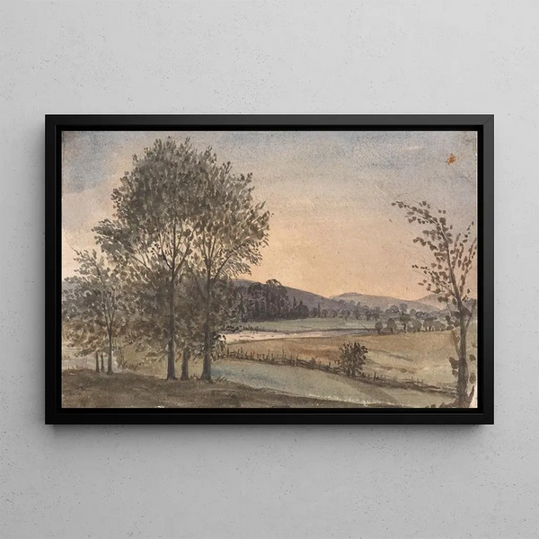 Landschaft mit Bäumen und Fluss im Hintergrund - David Charles Read — gerahmtes Bild an der Wand