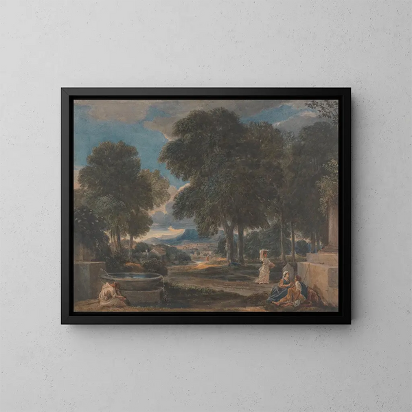 Landschaft mit einem Mann, der sich die Füße an einem Brunnen wäscht, nach Poussin - David Cox — gerahmtes Bild an der Wand