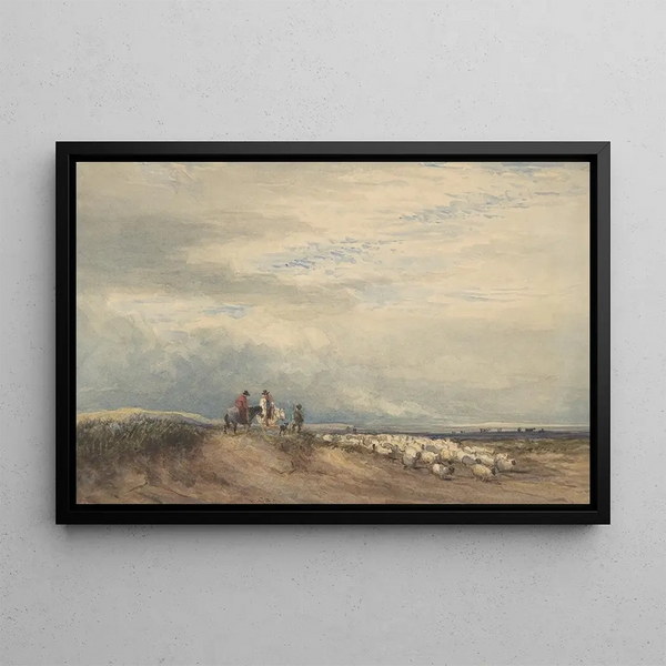 Kavaliere mit Schafen in der Nähe eines Mündungsgebiets - David Cox — gerahmtes Bild an der Wand