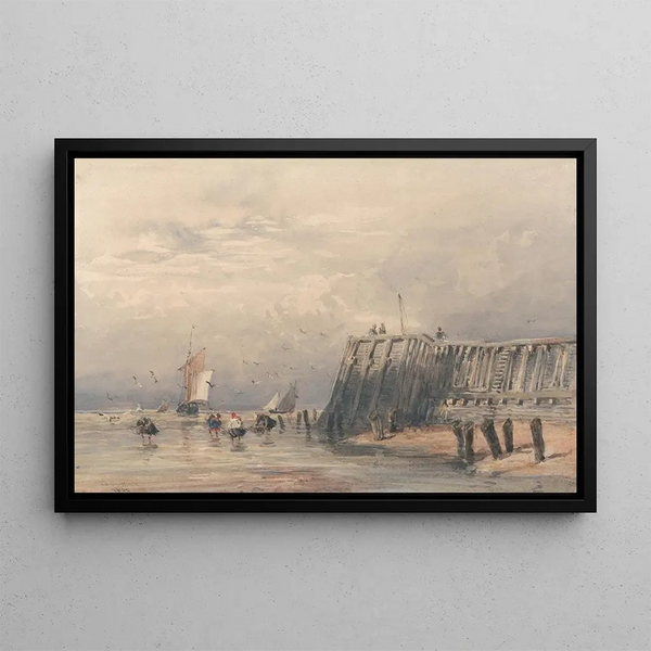 Segelschiffe und Fischer beim Fischen vor einer Pier - David Cox — gerahmtes Bild an der Wand