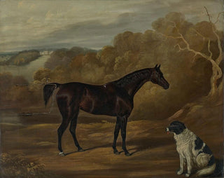 David Dalby Of York - A dark bay hunter and a seated spaniel in the park at Harewood House.webp
