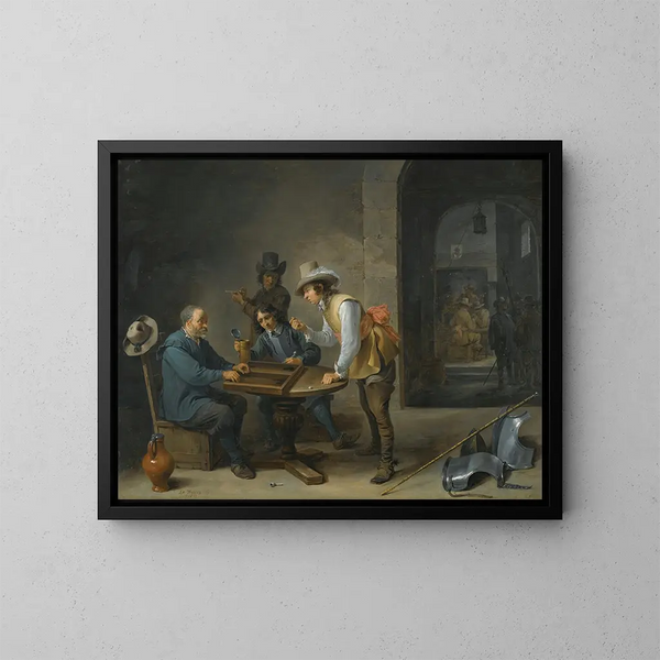 Eine Wacht-Szene mit Trictrac-Spielern im Vordergrund - David Teniers der Jüngere — gerahmtes Bild an der Wand