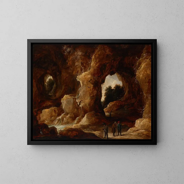 Eine Höhle mit Figuren, einem Hirsch und einer Storch - David Teniers der Jüngere — gerahmtes Bild an der Wand