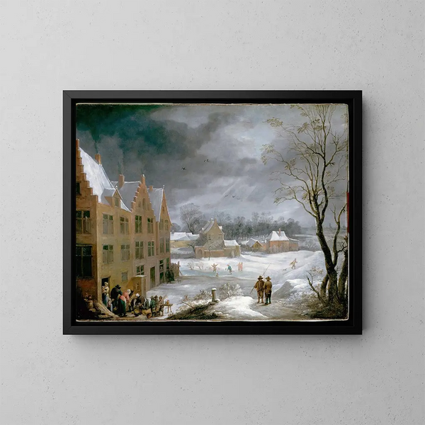 Winterlandschaft mit einem Mann, der ein Schwein tötet - David Teniers der Jüngere — gerahmtes Bild an der Wand